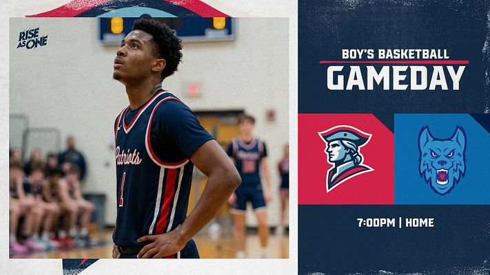 Multi-format gameday template displaying landscape layout with player photo on left, navy background on right featuring 'GAMEDAY' title, opposing team logos in split red and blue sections, and game time and home/away info below