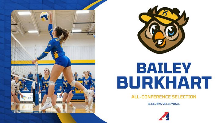 Player spotlight template featuring large photo of volleyball player spiking on left, team mascot and player name headline on right, blue and yellow color scheme with team branding and achievement text