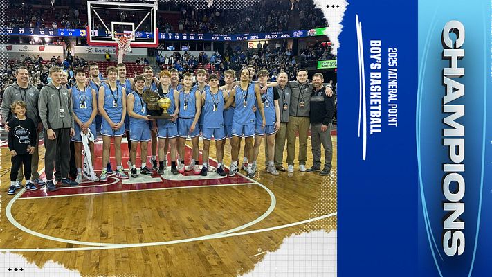 Championship template with basketball court photo area on left, blue vertical banner on right featuring team logo and 'CHAMPIONS' text, designed for landscape, Instagram, and story formats