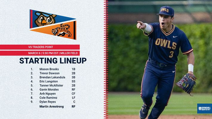 Lineup template with heritage style featuring large player photo on left, opponent logos and game details at top center, and numbered roster list on right with player names and positions on cream background