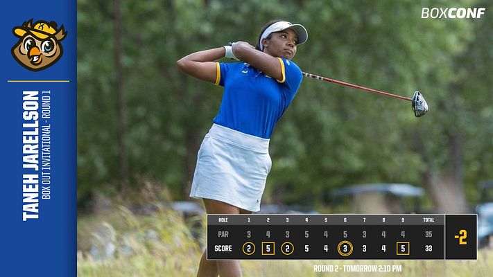 Golf scorecard template with a landscape layout, featuring a player's photo on the right, score table on the bottom, and a blue sidebar for player info and logos.