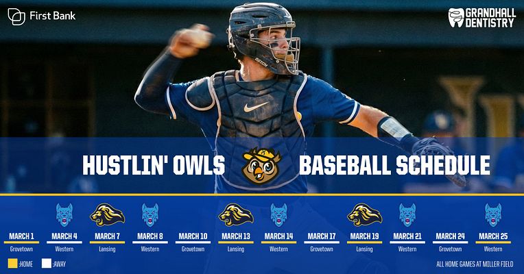 12-game horizontal baseball schedule template with player photo on left, team name and logo in center, and grid of 12 opponent matchups with dates and locations in blue and gold colors. Sponsor logos in corners, suitable for Twitter posts.