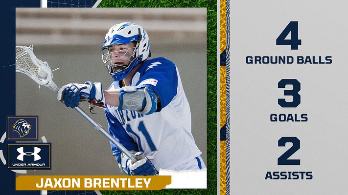Player stats template with navy background featuring large action photo area on left, player name banner below, and right side displaying statistics in bold text including points, rebounds, and assists. Branded logos and stripe design elements frame the layout.