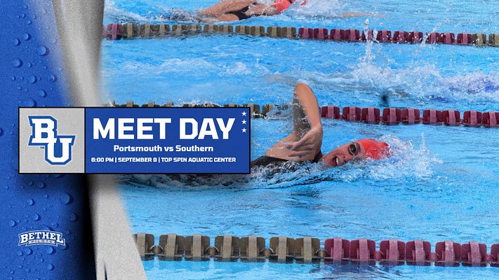 Swimming meet day template featuring blue pool background with swimmer in action, white banner with school logo and event details. Designed for landscape, Instagram, and story formats for swim and dive social media promotion.