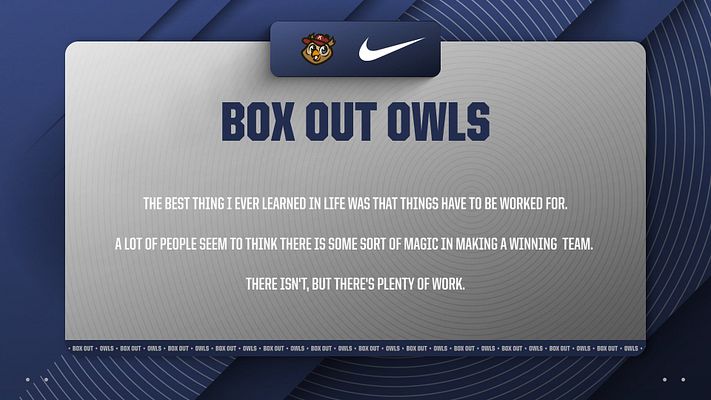 Multi-format social media template featuring a dynamic blue geometric background, prominent headline area for 'BOX OUT OWLS', and space for quotes and logos. Designed for Instagram and stories.