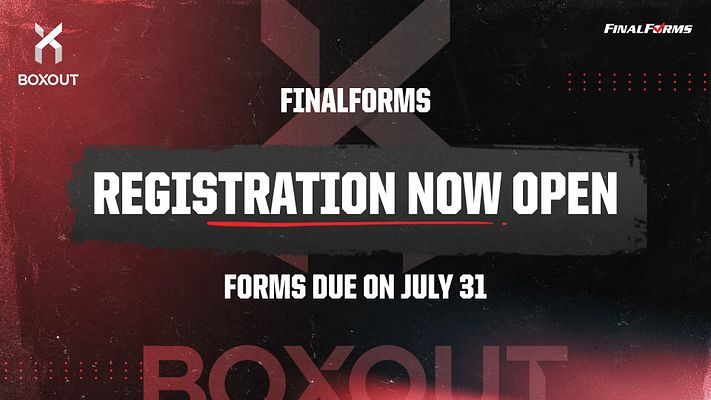 Registration template with red and black textured background, FinalForms branding, bold white heading announcing registration, deadline date text, and Boxout logo. Modern sports design suitable for landscape, Instagram, and story formats.