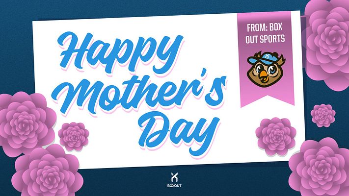 Mother's Day template with blue script text on white background, surrounded by bright magenta flowers against a teal backdrop. Features customizable brand banner and logo area. Available in landscape and portrait formats for social media and print.