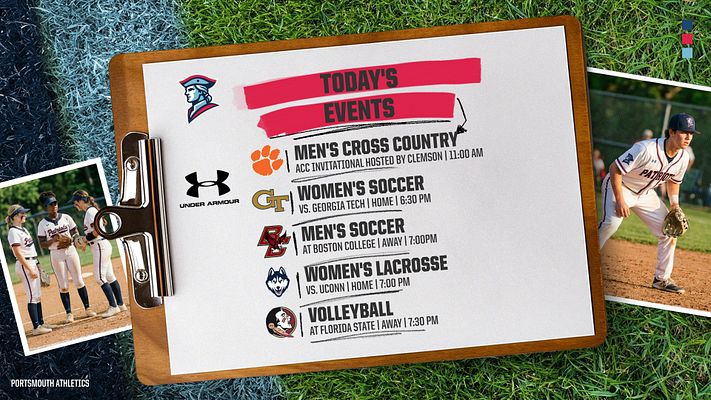 Clipboard-style gameday template with multiple sports event listings, featuring team logos, sport names, opponent details, and game times. Includes landscape and portrait format options for social media sharing.