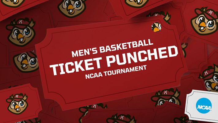 Multi-format tournament qualification template with red background, ticket design element, repeating mascot logos, white bold text for event details, and NCAA logo placement. Designed for Instagram, Story, and landscape formats.