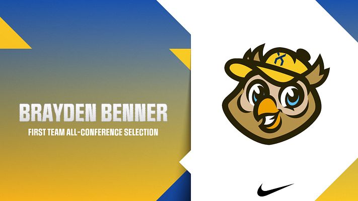 Player spotlight template with blue and gold gradient background, player name and achievement headline on left side, team mascot logo on right, and angular geometric design elements with color-blocking