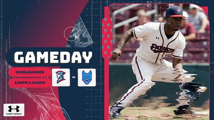 Retrograde gameday template featuring pink and navy color scheme with player photo on right, opponent logos and matchup details on left, and bold GAMEDAY text with game time info. Available in landscape, Instagram, and story formats.