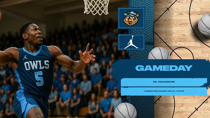 Basketball gameday template featuring player in action on left, wooden court background, blue accent color blocks, team logo area, and text spaces for opponent, venue, date and time information across multiple social media formats.