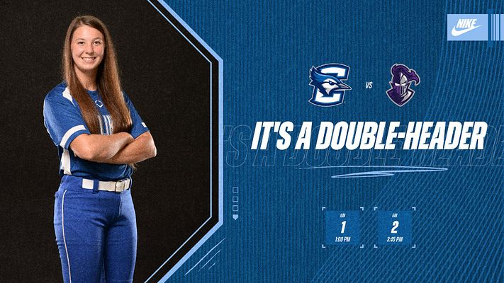 Baseball/softball gameday template featuring a large player image on the left, team logos, and bold text announcing a double-header with game times on the right.