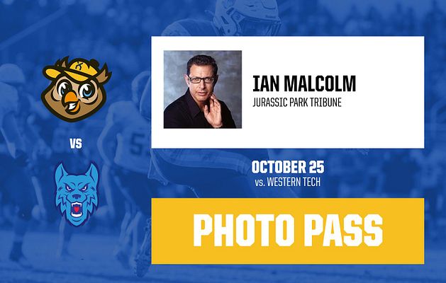 Wide game credential template with dark blue sports background, white header section containing headshot placeholder and name/affiliation fields, team logos on left, date and opponent info in center, and gold banner labeled Photo Pass at bottom