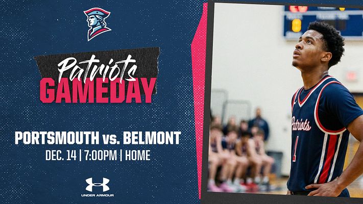 Multi-format game day template with Patriot logo, player photo on right, matchup details on left with pink accent stripe, and exports automatically to landscape, square, and story dimensions for social media