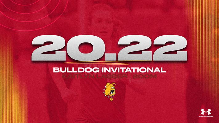 Track and field template with large bold date at top, red background with geometric orange accent stripes, event name and athlete details in center, team logo, and brand watermark in corner