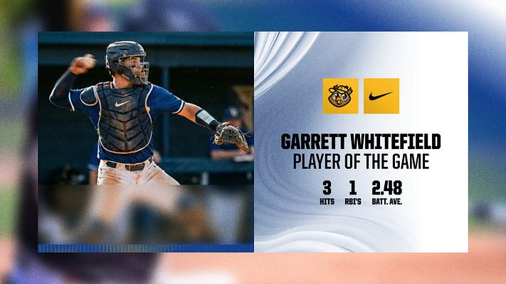 Player spotlight template with split layout: dynamic action photo on left with blue border accent, right side featuring team logos, player name banner, and large stat numbers for hits, RBIs, and batting average on white background with blue wave design