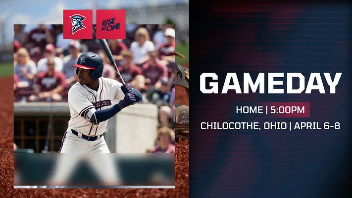 Game day template with photo on left side, team logo badges, and right side featuring white headline text with customizable event details like time, location, and dates on striped background.