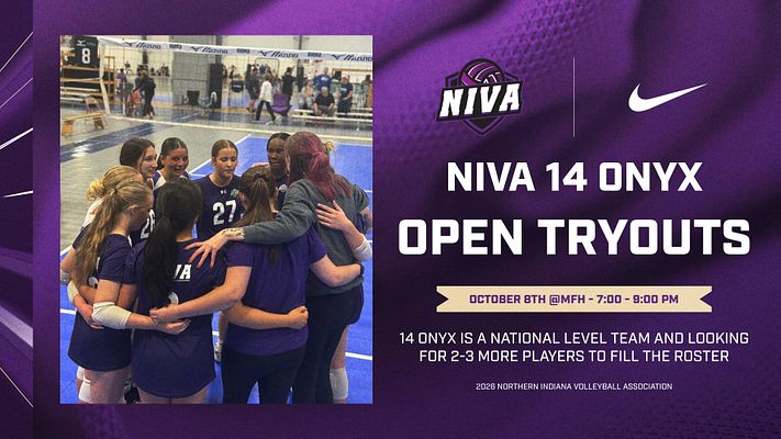 Announcement template with purple background and diagonal line design, featuring large photo placeholder on left, team logo and sponsor logo at top right, bold white headline text area, date and time banner, and descriptive text section below for club announcements