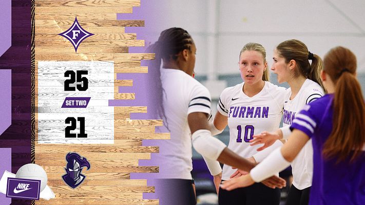 Volleyball set update template with wooden court background, purple and white color scheme, displaying set scores on left side with team logo and matching action photo of players on right side