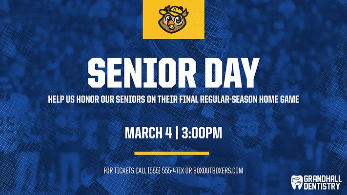 Game day promotion template with dark blue textured background, bulldog logo at top, large white headline text, event date and time, and ticket information at bottom for sports matches and meets