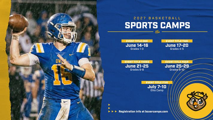 Basketball camp template with split layout featuring team photo on left, navy and gold color scheme. Right side displays 2024 camp schedule with five event blocks showing dates and grade levels, team logo, and registration information.