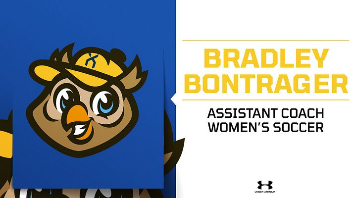 Announcement template with dark blue left section featuring large bulldog mascot logo, white right section with light blue headline text area and black subheading, designed for staff announcements and social media sharing