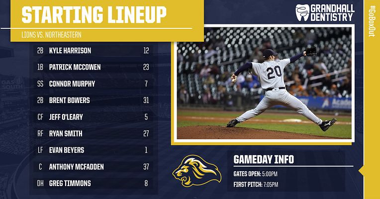 Starting lineup template with dark blue and gold color scheme. Left side displays player list with positions and jersey numbers. Right side features large player photo area with gold border. Includes matchup details, team logo, and game time information sections.