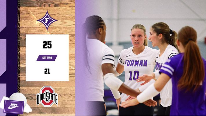 Volleyball set update template with wooden court background, purple and white color scheme, displaying set scores on left side with team logo and matching action photo of players on right side