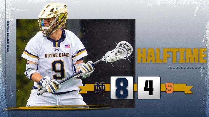 Score update template for lacrosse with gradient background, large 'HALFTIME' text at top, player photo on left, and score display with team logos on right.