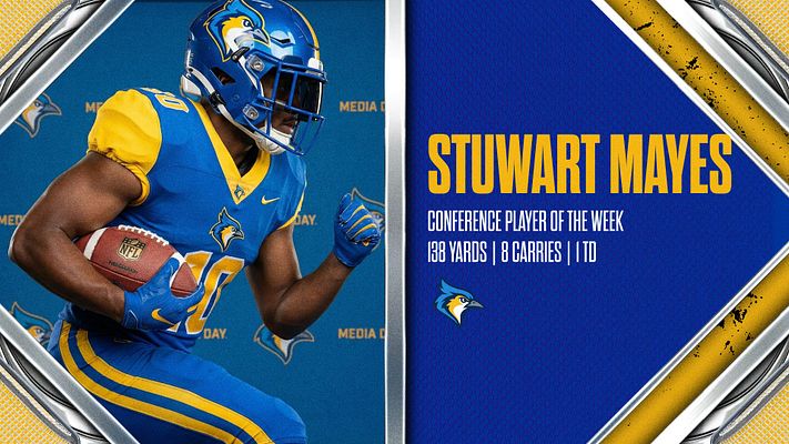 Player spotlight template with a chrome-themed layout. Left side features a player photo, right side includes bold name and stats on a blue background, suitable for social media graphics.