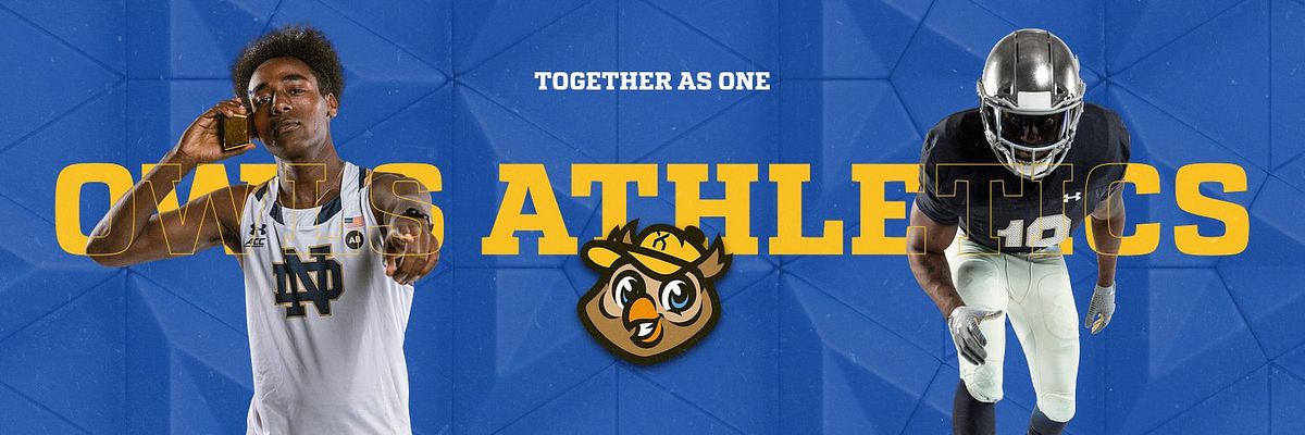 Social media banner template with bright blue geometric background, two portrait photos flanking large white athletic department text, yellow tagline above, and centered mascot logo. Designed for Twitter and promotional headlines.