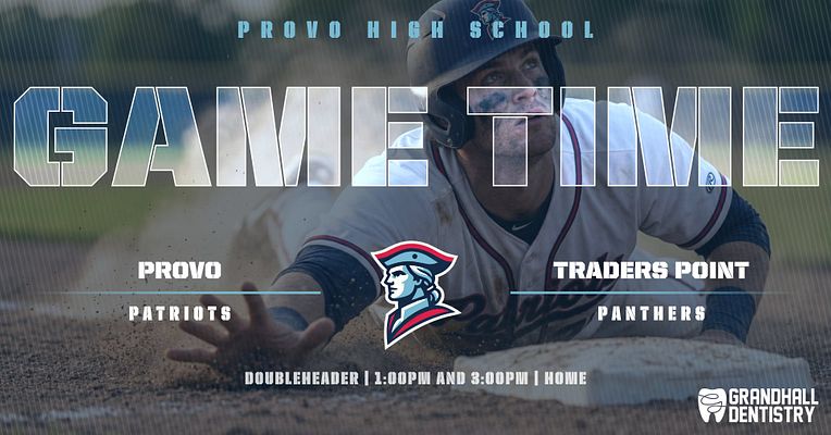 Multi-format gameday template with large photo of athlete, prominent text overlay, school name at top, team logos and opponent information on sides, and game details at bottom. Includes landscape, square, and story format options for social media.