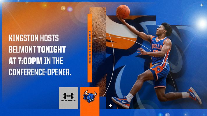 Basketball game day template with blue and orange gradient background, large player action photo on right, bold white headline text on left, and logo blocks at bottom.