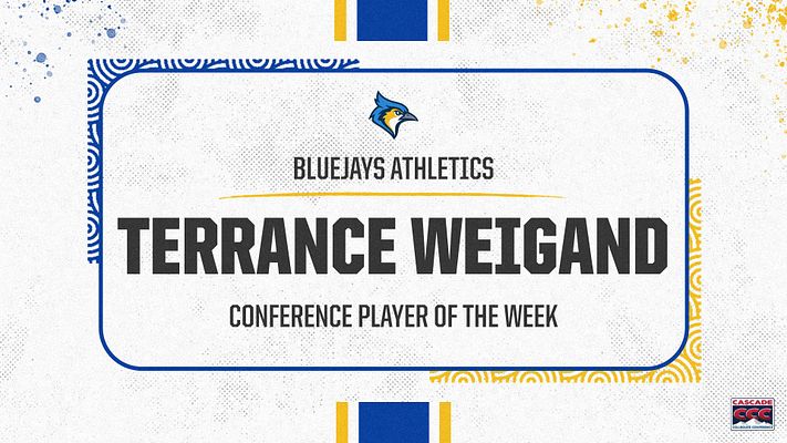 Player spotlight template with bold text for name and title, featuring a blue and yellow color scheme, and decorative patterns in corners for social media announcements.