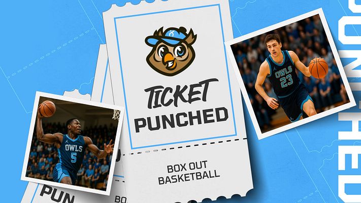 Ticket tag template featuring a blue background, multiple ticket designs with 'TICKET PUNCHED' text, and a player photo area on the side for highlighting teams or events.