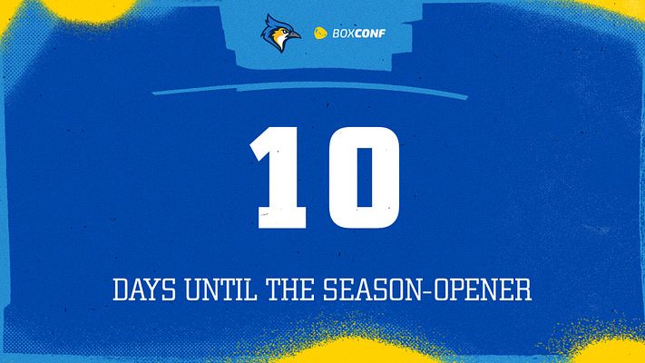 Countdown template with vibrant blue and yellow highlighter-style design, large white number display with text describing days until event, and logo placeholder at top. Suitable for season announcements or event countdowns.