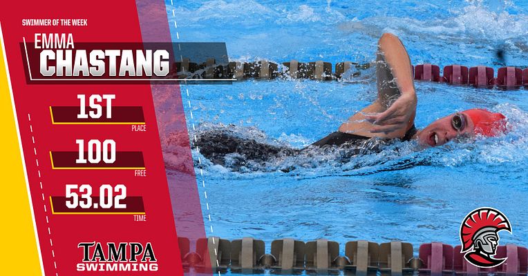 Landscape player spotlight template featuring a swimmer in action, with a red sidebar for title and stats, including place, event, and time, alongside a logo at the bottom.