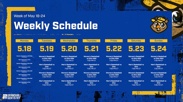 Weekly schedule template with blue background, large title at the top, and day columns listing events with dates and times, suitable for newspaper layouts.