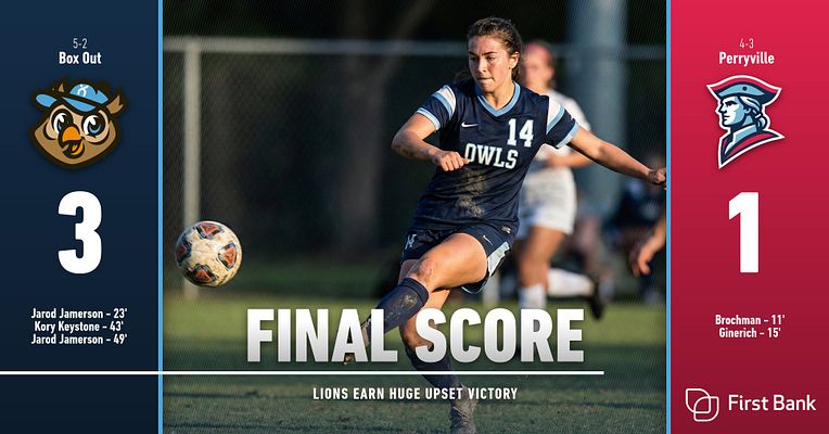Score update template with split layout; left side features team logo and score, right side includes opposing logo and score. Central area highlights final score with player stats below.