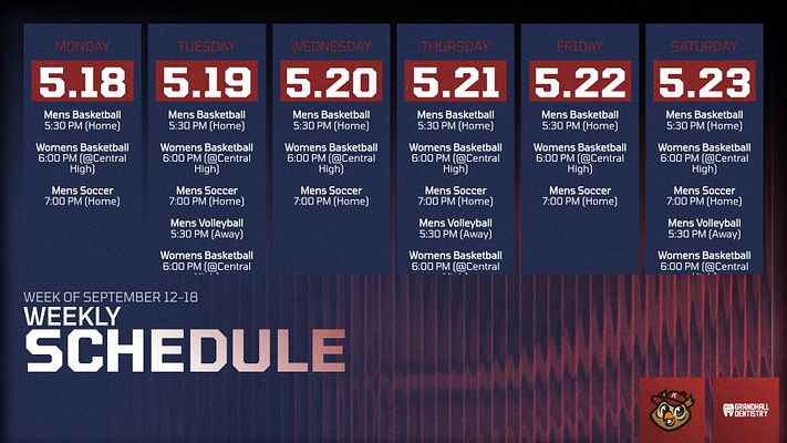 Weekly schedule template with seven day columns showing dates and events in blue cards with gold accents. Large "WEEKLY SCHEDULE" text on dark blue fractal glass background with team logo and branding space in bottom right corner.
