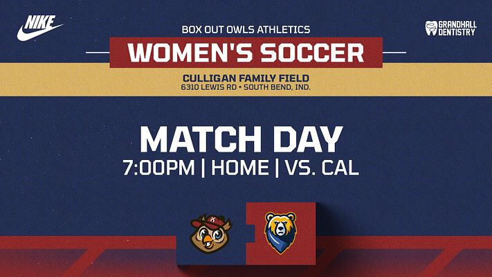 Multi-format gameday schedule template featuring bold text for 'Women's Soccer', match details, logos of teams, and sections for time and location, with a red and blue color scheme.