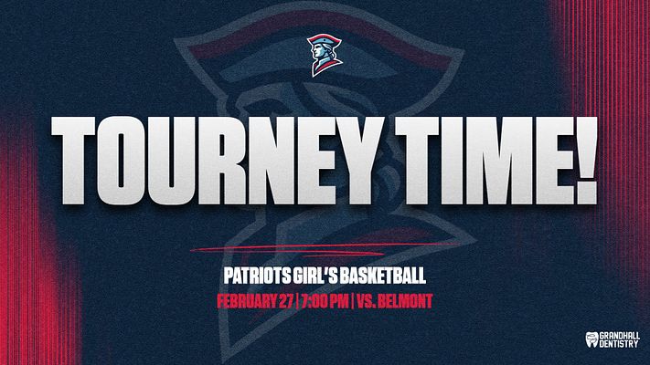 Game day template with dark navy background and red geometric accents, large white bold headline text area, team logo at top, and space below for event details including sport, date, time and opponent information