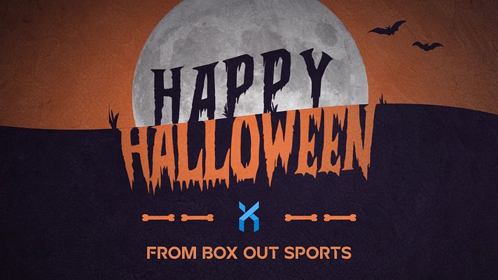 Halloween sports template featuring large full moon background with orange gradient sky, silhouetted zombies and bats, bold black and orange layered text reading 'Happy Halloween' with 'From Box Out Sports' credit below, available in landscape, Instagram, and story formats