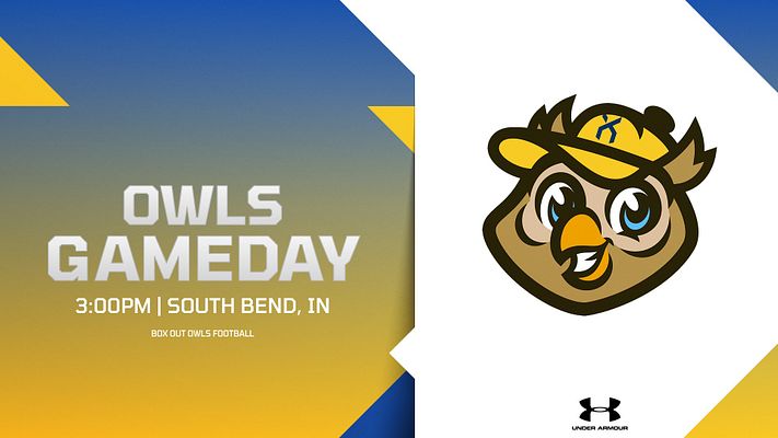 Announcement template with bold text layout, featuring team name and game details in left section, team logo on right, accented with yellow and navy design elements.