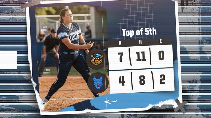 Square poster template for baseball/softball score updates featuring a player in action, score box for teams, inning indicator, and a blue and white abstract background.