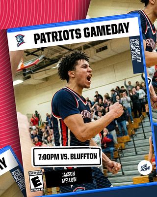 Video game cover template featuring a dynamic player photo in action, bold game day title at the top, game time and opposing team details below, in vibrant colors.