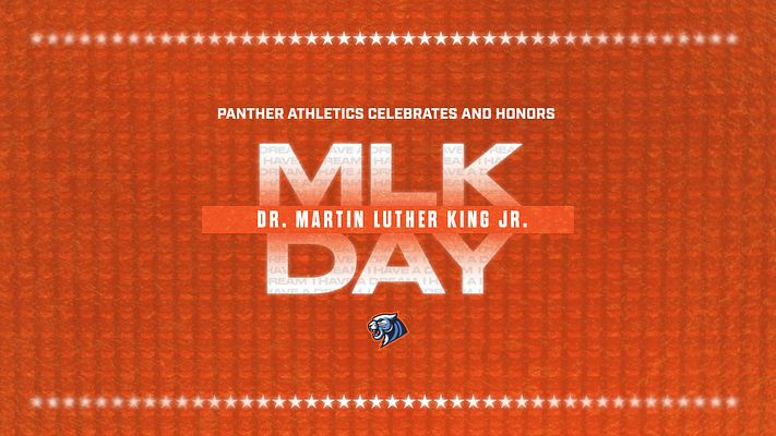 Martin Luther King Jr Day template with vibrant orange background, bold 'MLK DAY' text in center, top header for 'Panther Athletics', and logo at the bottom, suitable for social media.