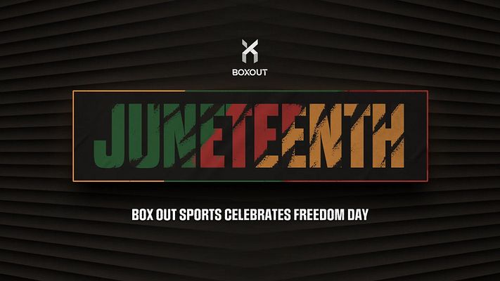 Juneteenth Freedom Day template with dark textured background, colorful striped 'Juneteenth' text in green, red, and gold in a gold-bordered box, and white headline text below celebrating freedom day. Available for landscape, Instagram, and story formats.