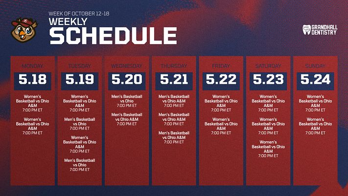 Weekly schedule template with seven yellow day columns on blue background. Each column displays day name, date, and multiple event listings. Club logo on left, organizational logo on right, textured blue-to-yellow gradient backdrop.